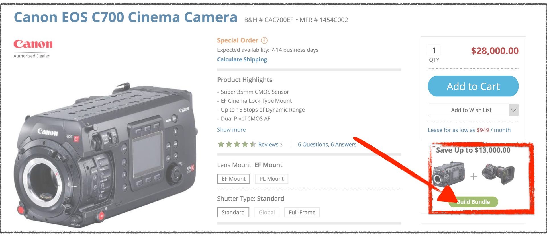 Canon C700 sale - Press on “Build Bundle” button