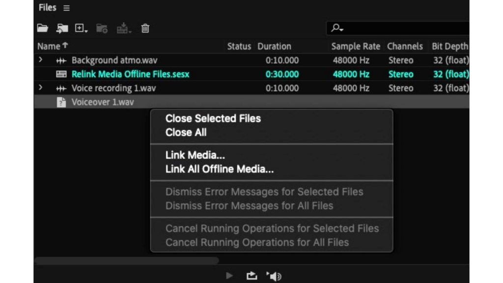 Premiere Pro 14.3: Relink offline media directly from the Files panel in Audition. Picture: Adobe