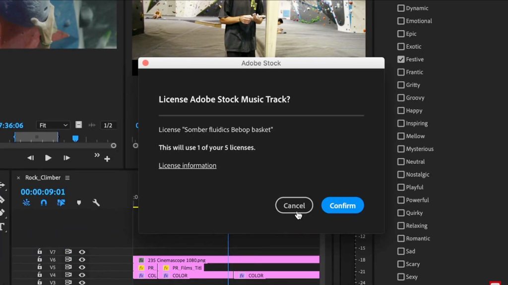 Adobe Stock audio Licensing process on Premiere Pro 14.3 