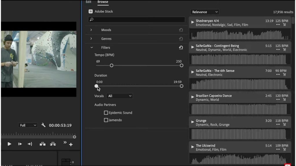 Choosing track in Adobe Stock audio on Premiere Pro 14.3 