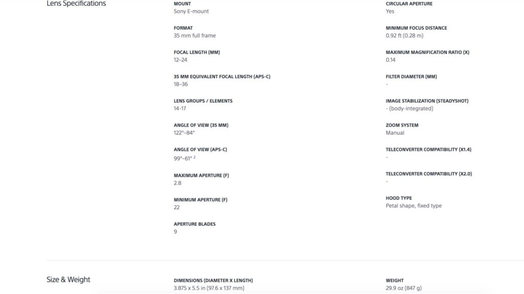 FE 12-24mm f/2.8 GM specifications