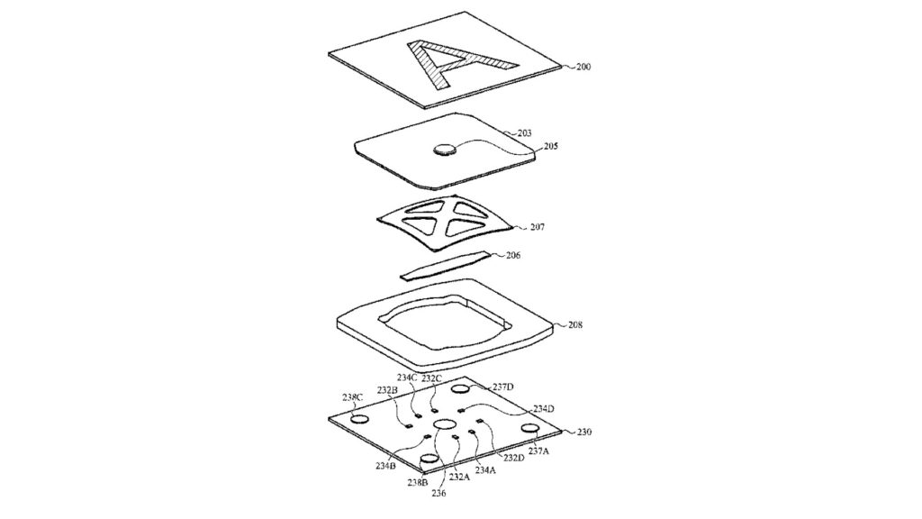 Apple patent: Exploded view of components of a key using a dome switch. Mechanism for changing the light according to ambient light source