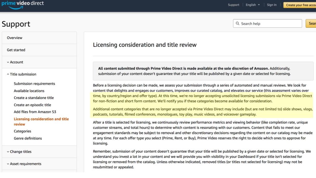 Prime Video Direct Licensing consideration and title review