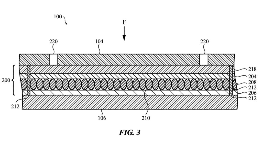 FIG. 3 shows a cross-section side view of a stack-up of a force-sensitive input structure of the electronic device of FIG. 1A, taken along line 2-2, according to additional embodiments. 