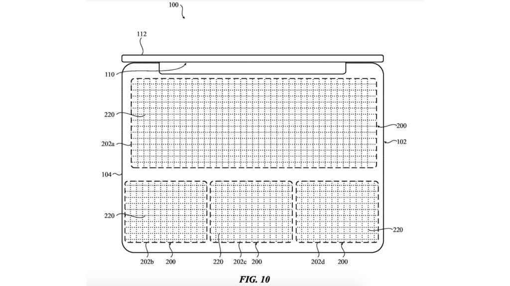 FIG. 10 shows a top view of an electronic device including a configurable, force-sensitive input structure, according to further embodiments. The input areas of the configurable, force-sensitive input structure are shown prior to being configured as specific input devices for the electronic device.