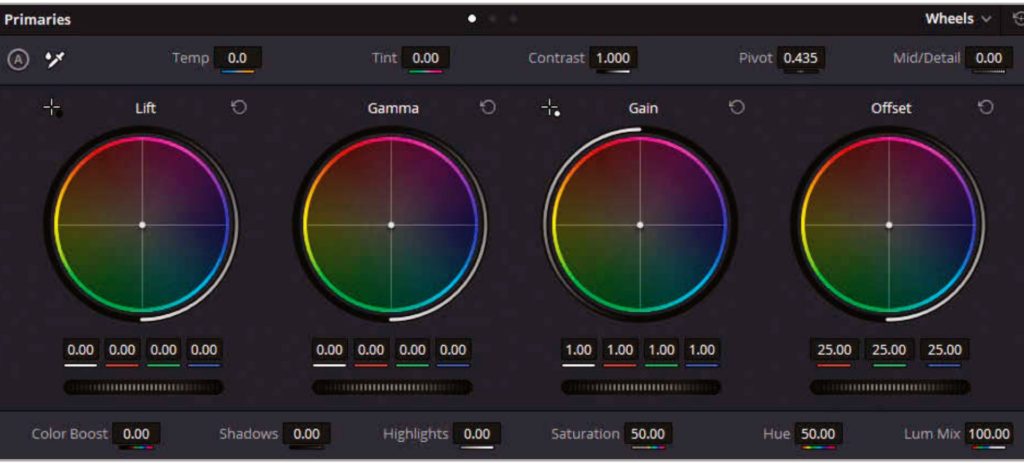 DaVinci Resolve 17 color wheels. Image from the official guide.
