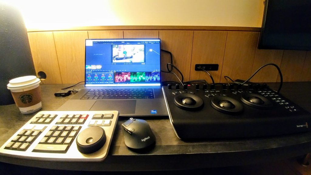 Building Your Post Suite in a Hotel Room: Dell XPS 17 Creator Edition (NVIDIA GeForce RTX 3060), Samsung Thunderbolt 3 Portable SSD 1TB, Blackmagic Design Speed Editor, and DaVinci Resolve Micro Panel. Credit: Y.M.Cinema Magazine