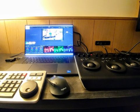 Building Your Post Suite in a Hotel Room: Dell XPS 17 Creator Edition (NVIDIA GeForce RTX 3060), Samsung Thunderbolt 3 Portable SSD 1TB, Blackmagic Design Speed Editor, and DaVinci Resolve Micro Panel. Credit: Y.M.Cinema Magazine