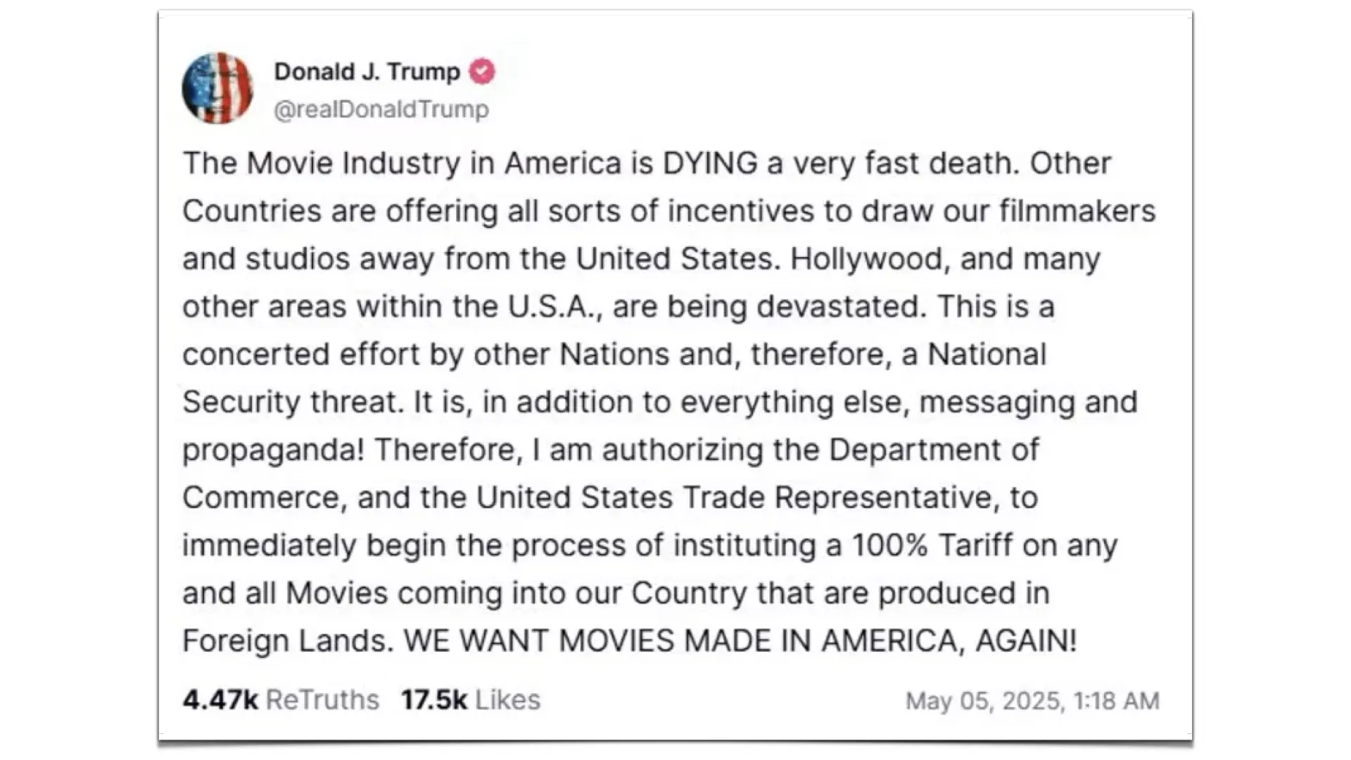 President Trump statement regarding the movie industry