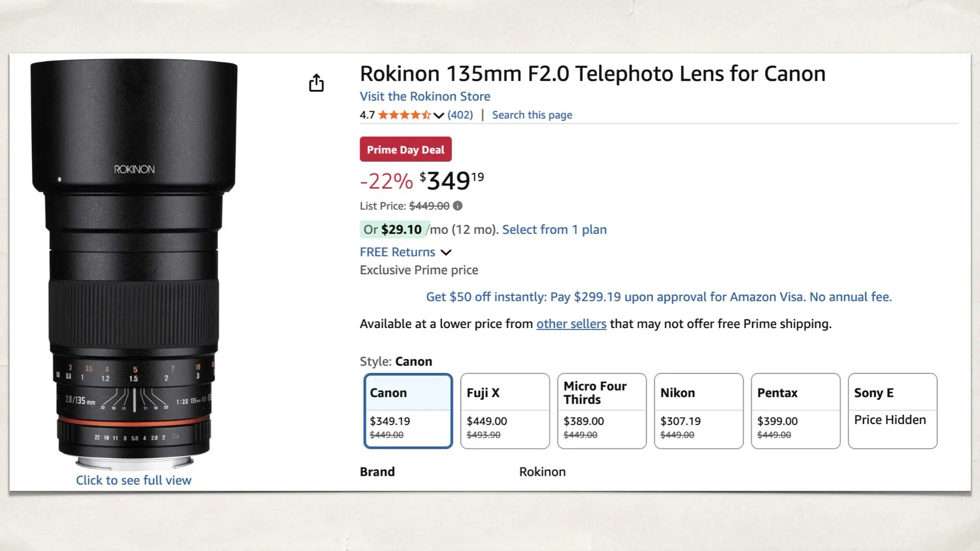 Rokinon 135mm F2.0 Telephoto Lens for Canon