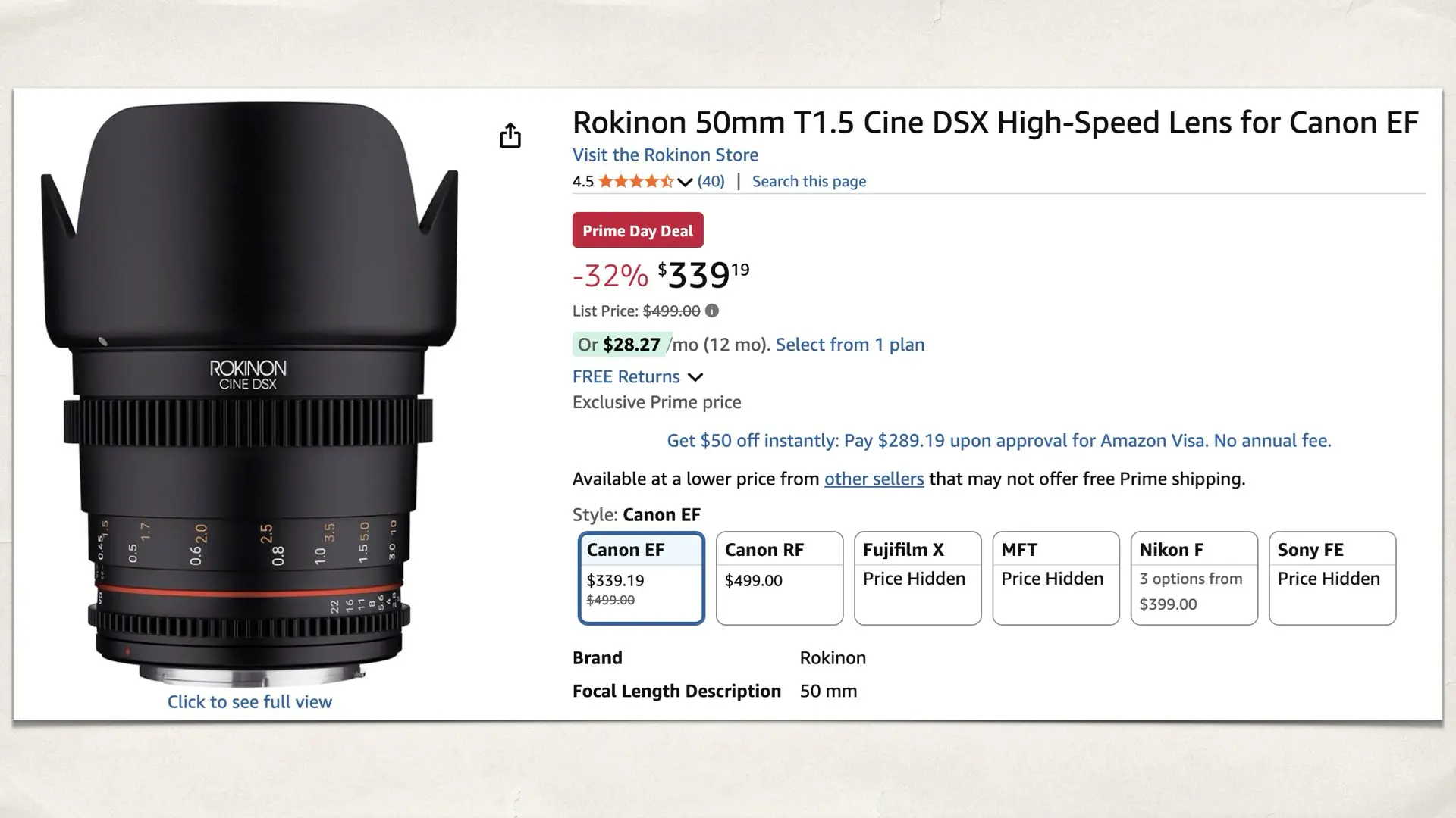 Rokinon 50mm T1.5 Cine DSX High-Speed Lens for Canon EF