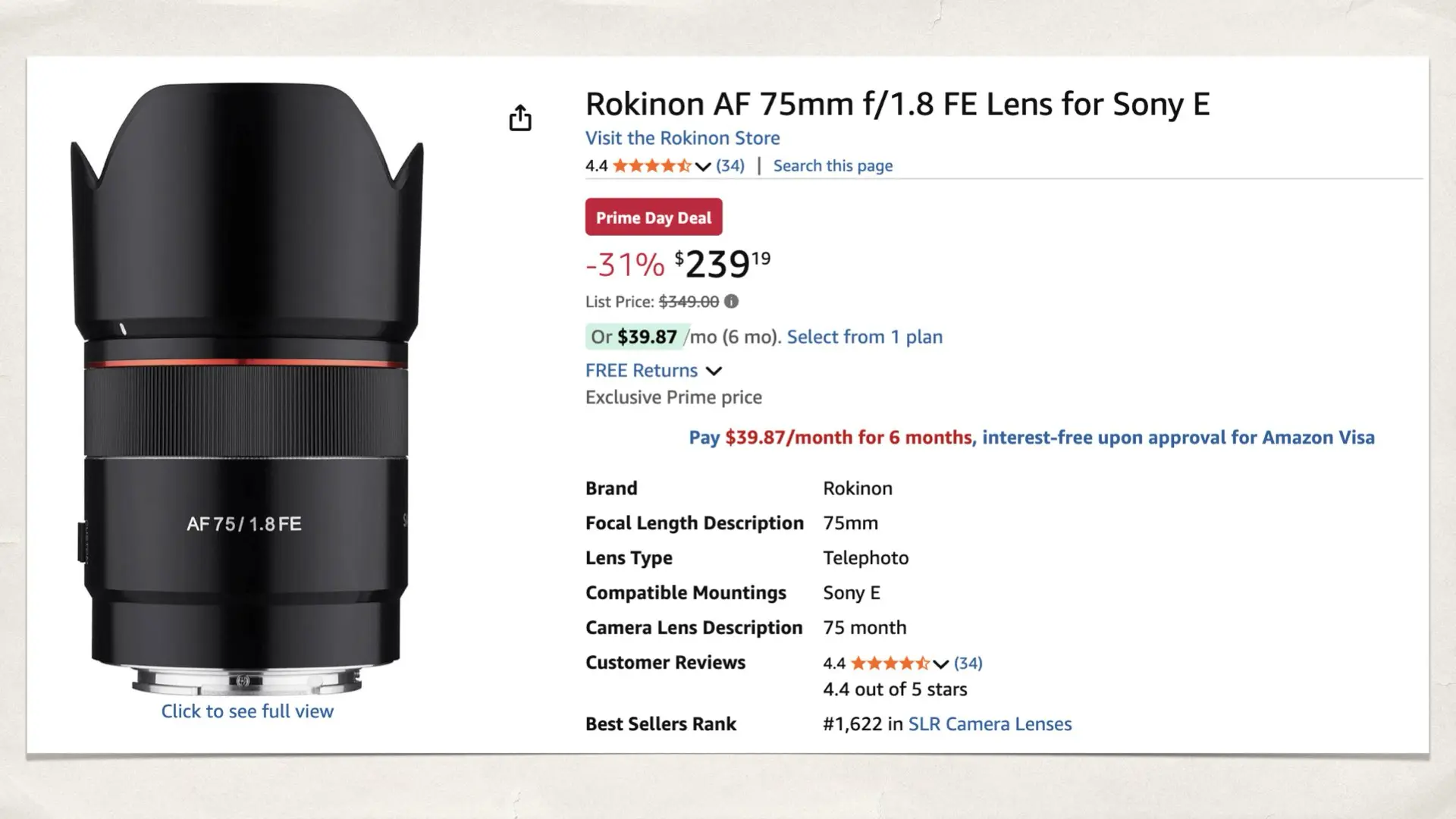 Rokinon AF 75mm f/1.8 FE Lens for Sony E