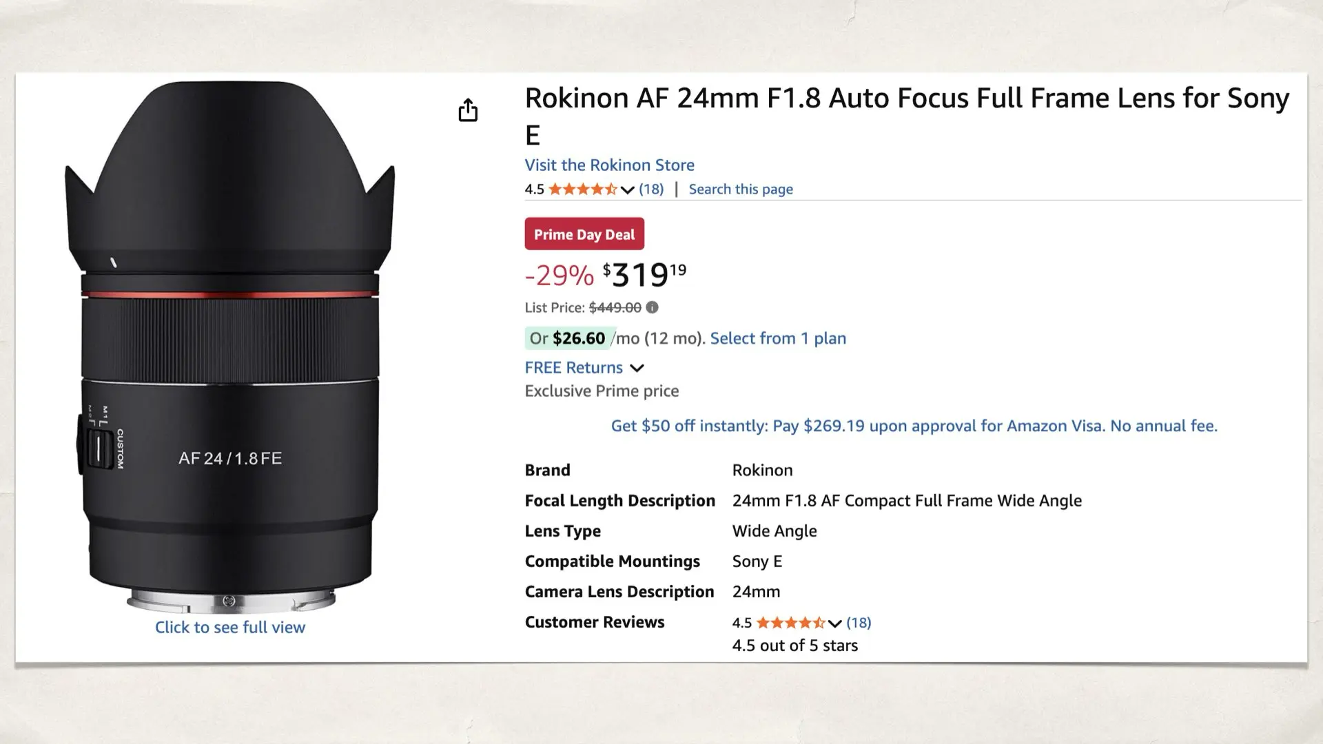Rokinon AF 24mm F1.8 Auto Focus Lens for Sony E
