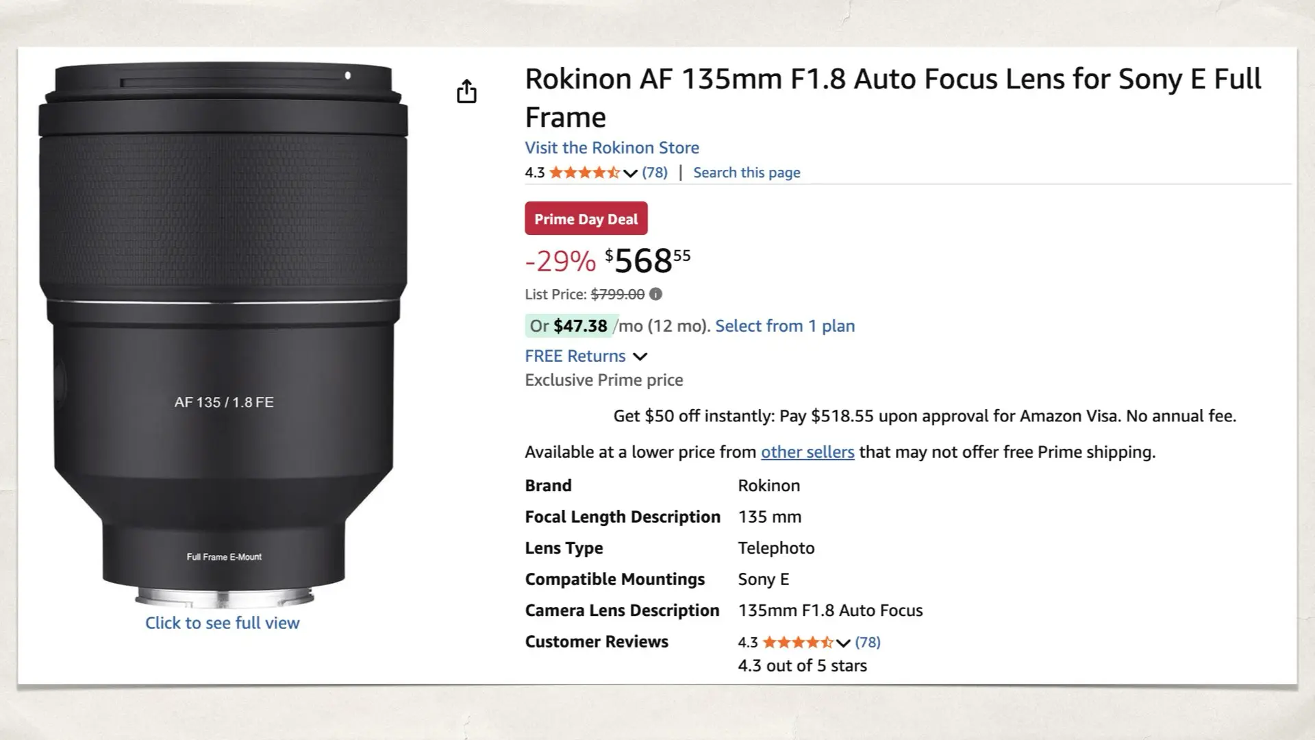 Rokinon AF 135mm F1.8 Auto Focus Lens for Sony E