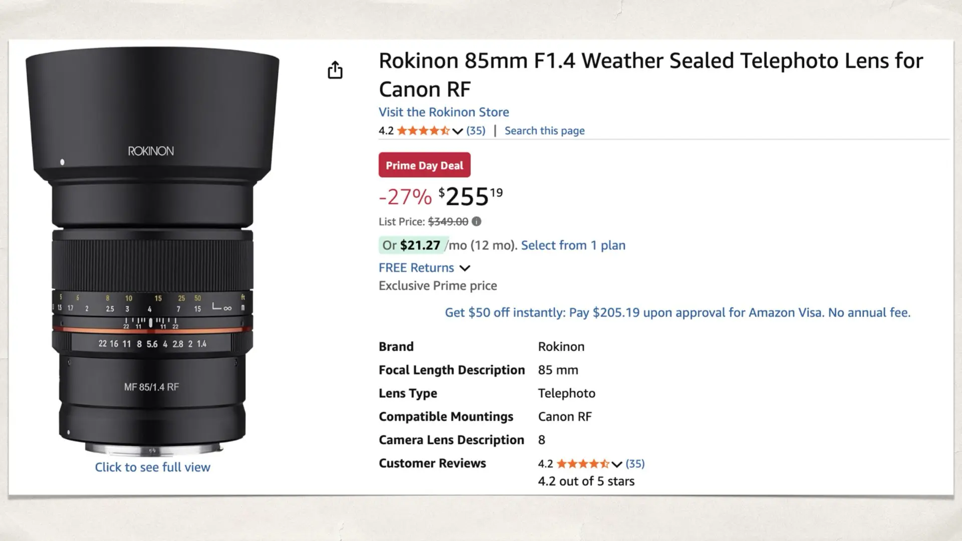 Rokinon 85mm F1.4 Weather Sealed for Canon RF