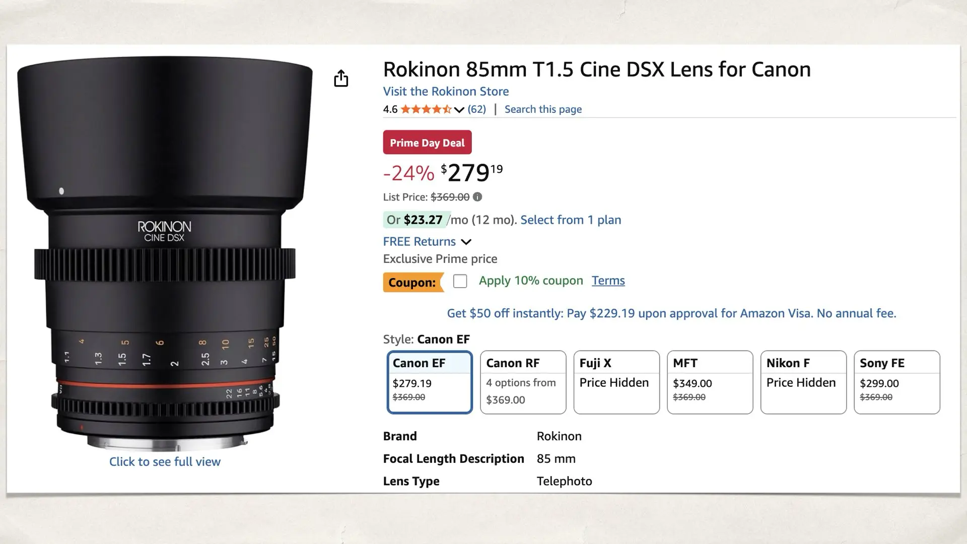 Rokinon 85mm T1.5 Cine DSX for Canon