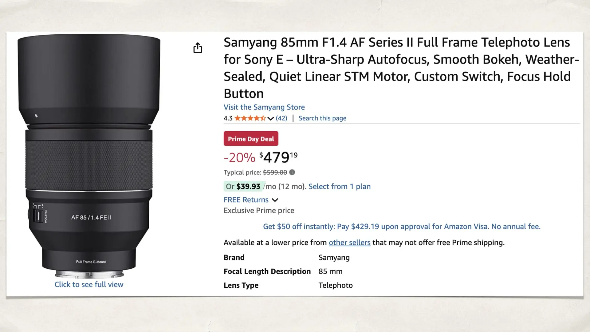 Samyang 85mm F1.4 AF Series II for Sony E