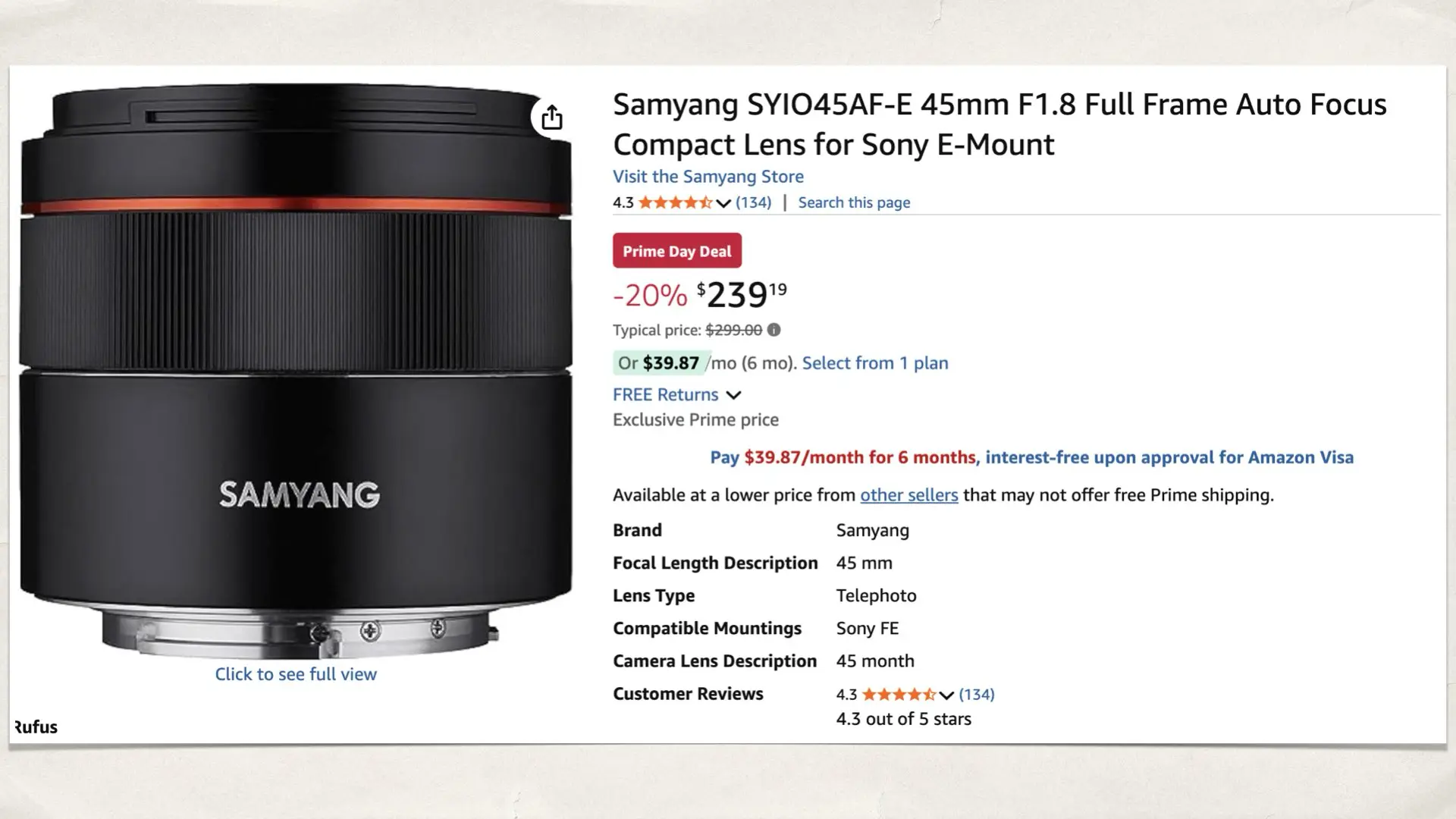 Samyang SYIO45AF-E 45mm F1.8 for Sony E