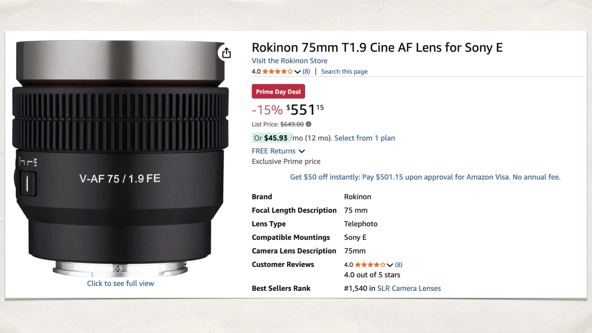 Rokinon 75mm T1.9 Cine AF for Sony E