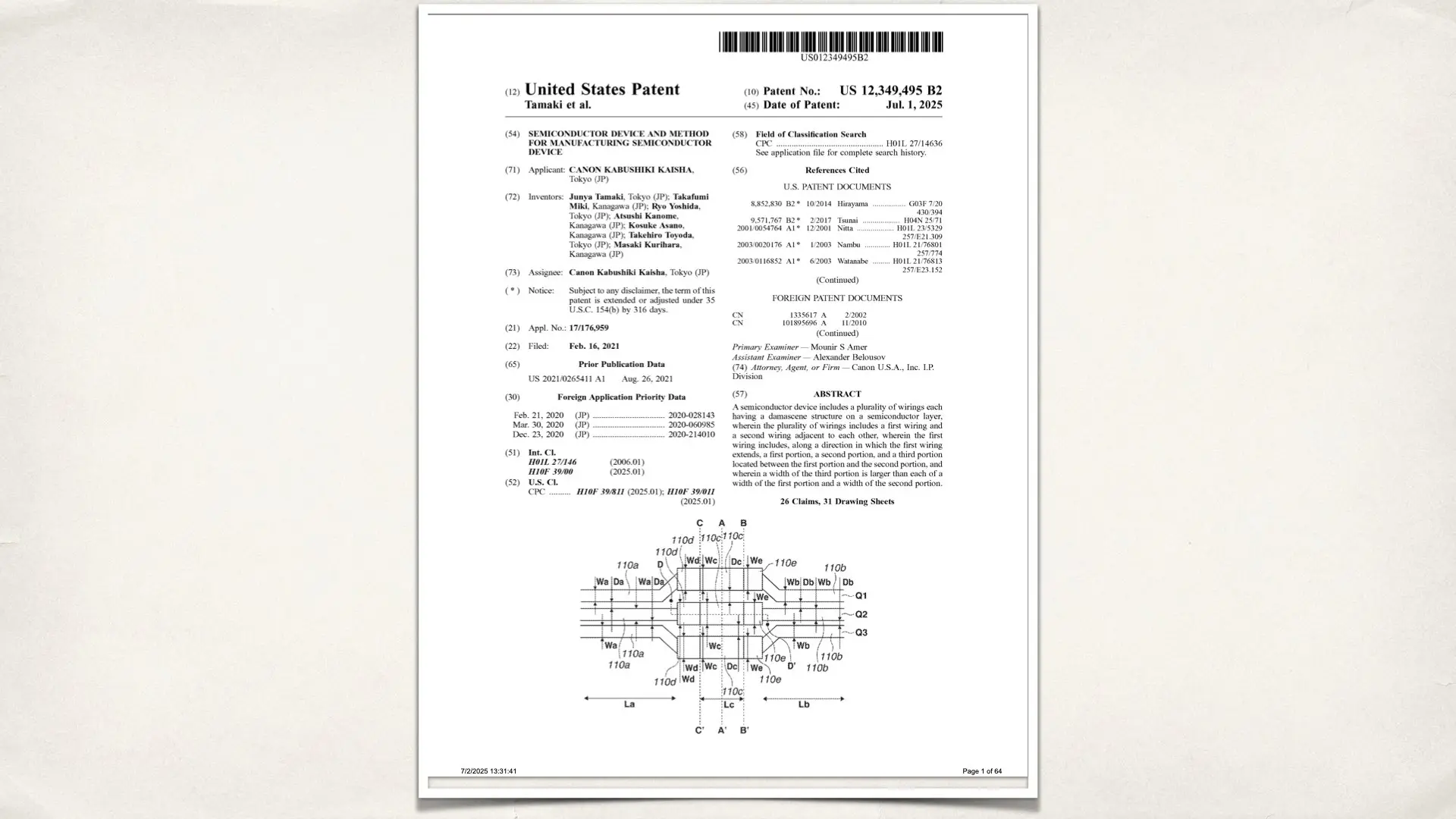 Canon new patent: Semiconductor Device And Method For Manufacturing Semiconductor Device