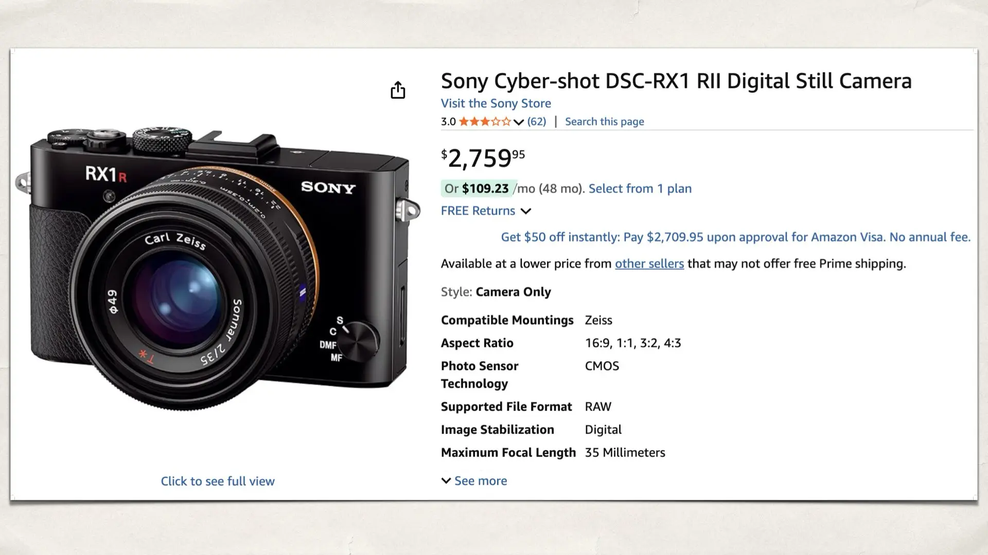 Sony RX1R II on Amazon