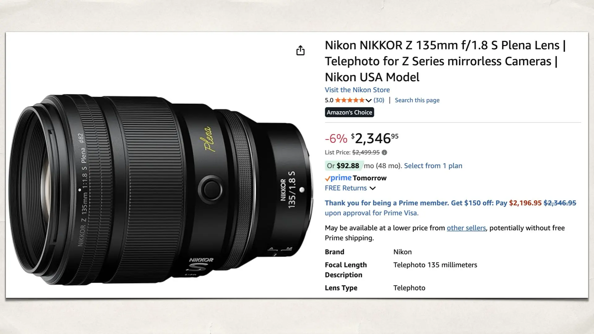 NIKKOR Z 135mm f/1.8 S Plena