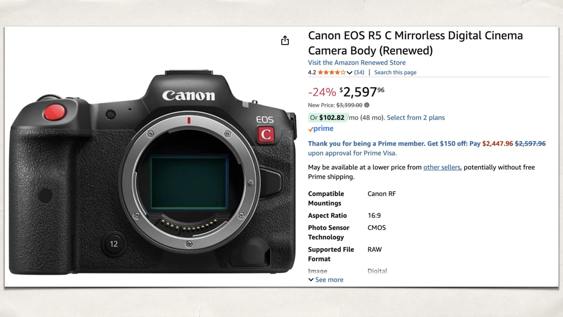 Canon EOS R5 C Mirrorless Digital Cinema Camera Body (Renewed)