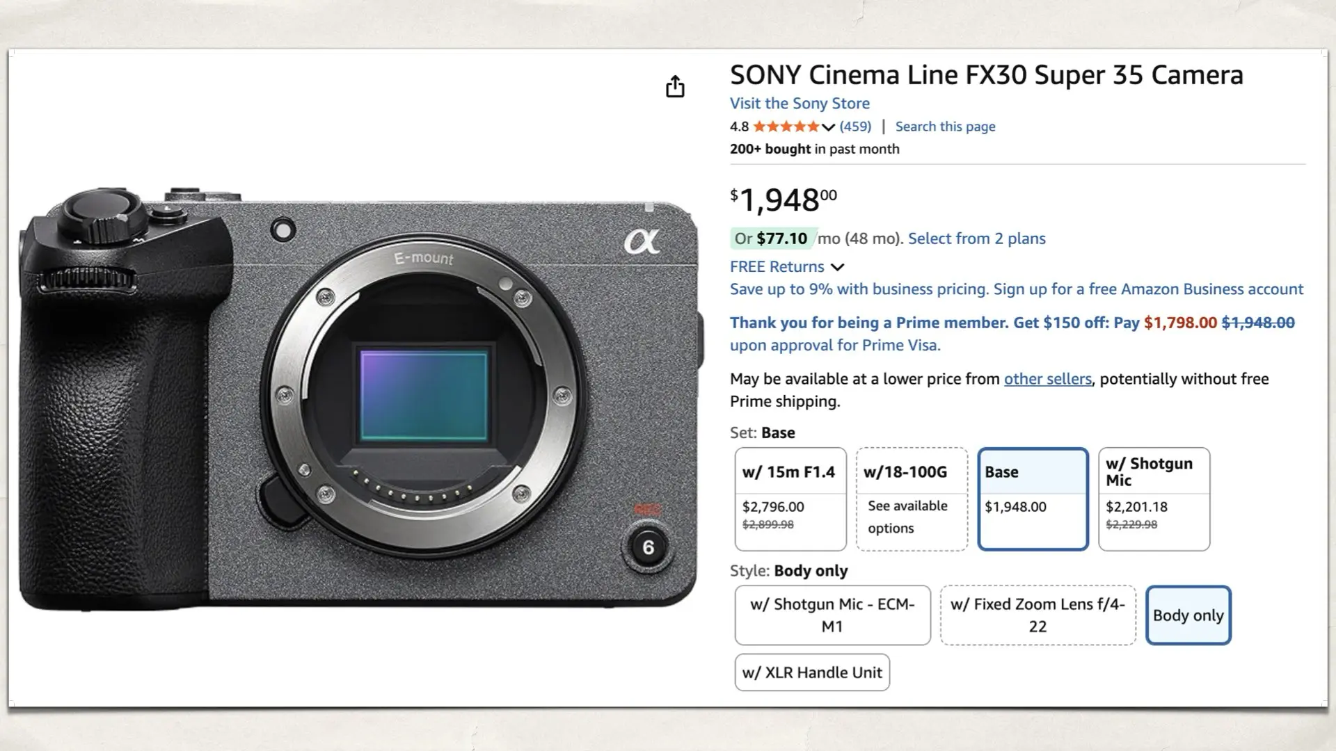 SONY Cinema Line FX30 Super 35 Camera on Amazon