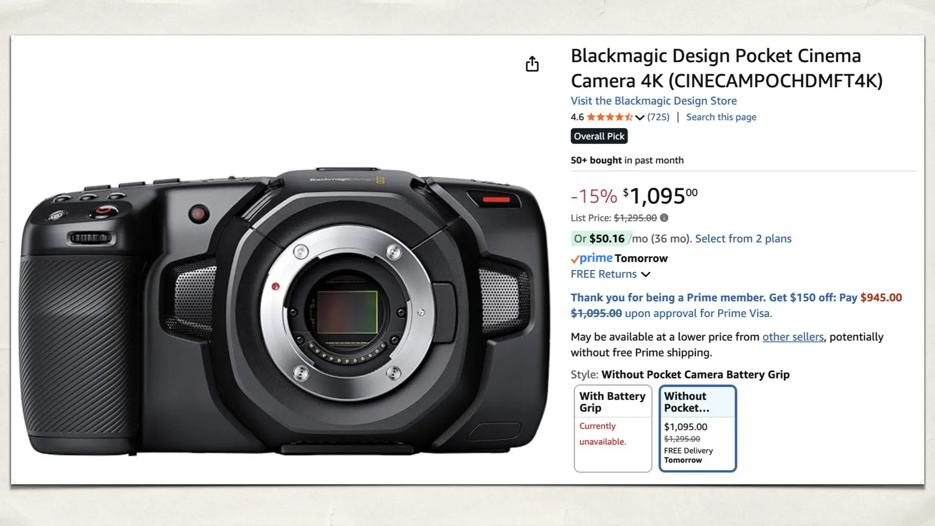 Blackmagic Design Pocket Cinema Camera 4K on Amazon