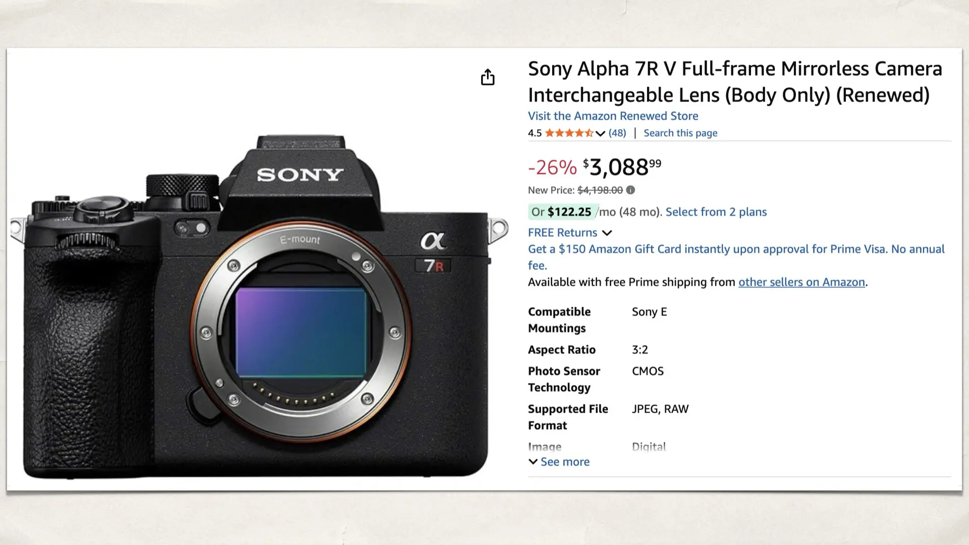 The Sony Alpha 7R V on Amazon Renewed