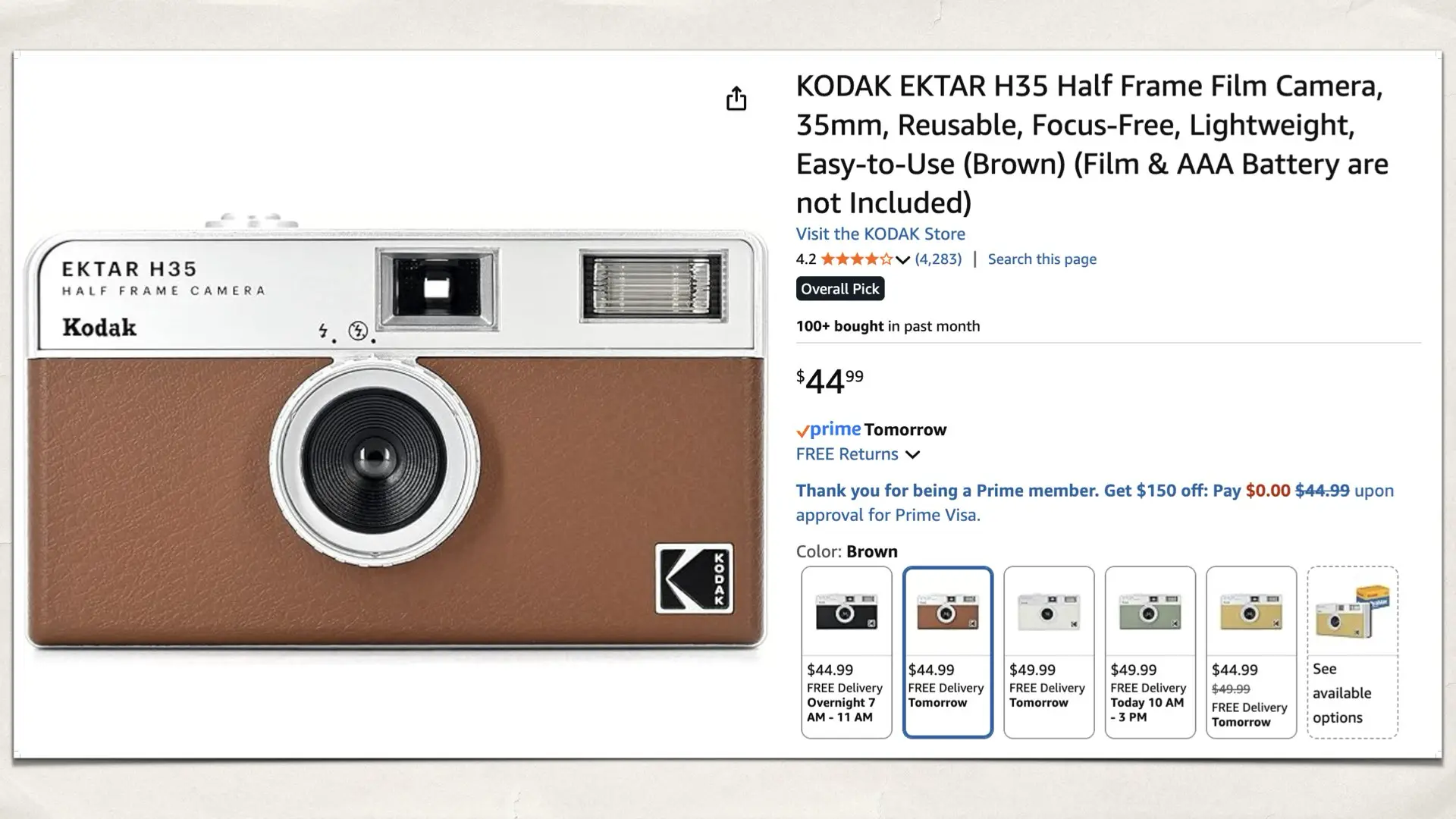 KODAK EKTAR H35 Half Frame Film Camera, 35mm, Reusable, Focus-Free, Lightweight, Easy-to-Use (Brown) (Film & AAA Battery are not Included)