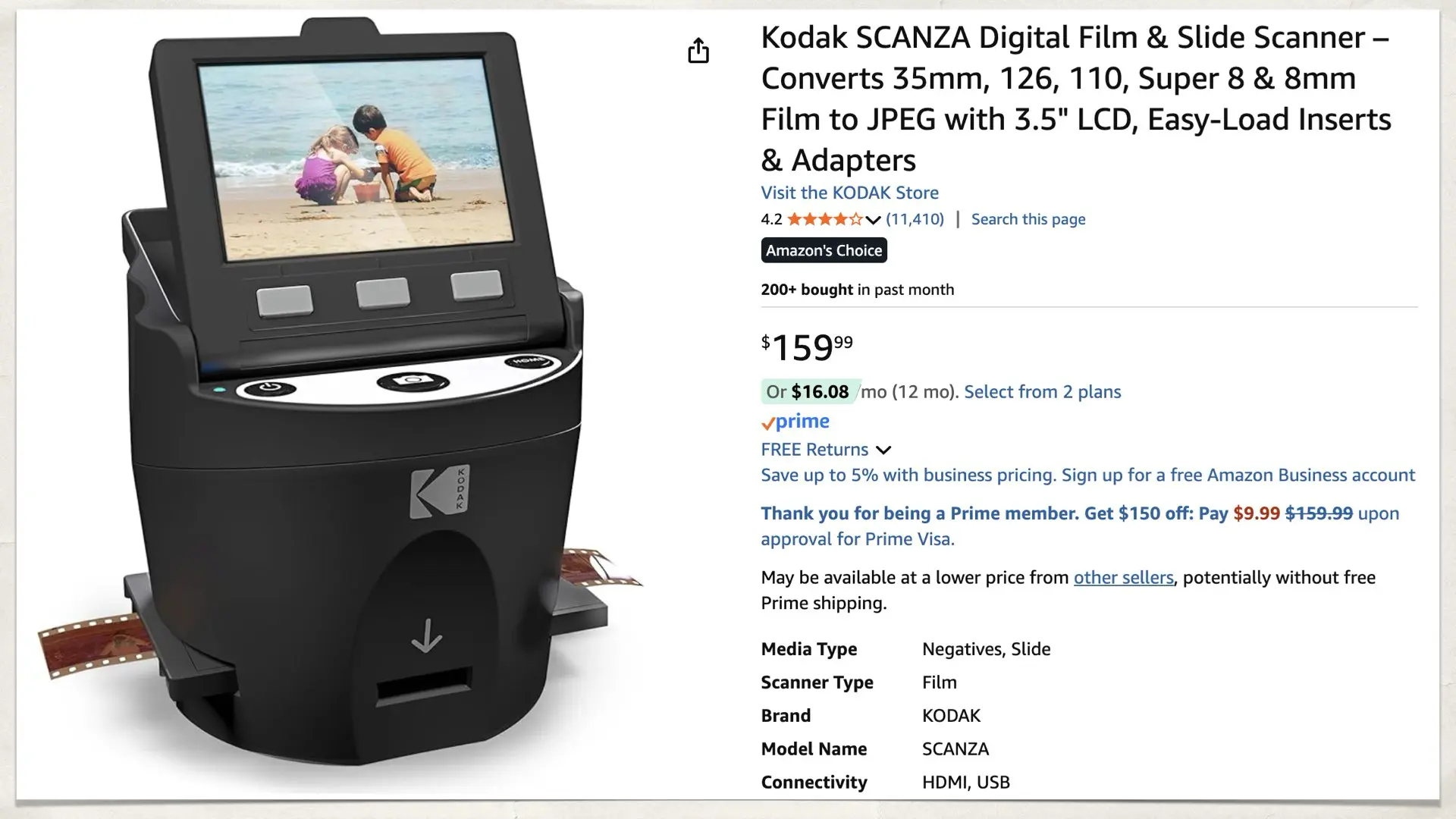 Kodak SCANZA Digital Film & Slide Scanner – Converts 35mm, 126, 110, Super 8 & 8mm Film to JPEG with 3.5" LCD, Easy-Load Inserts & Adapters