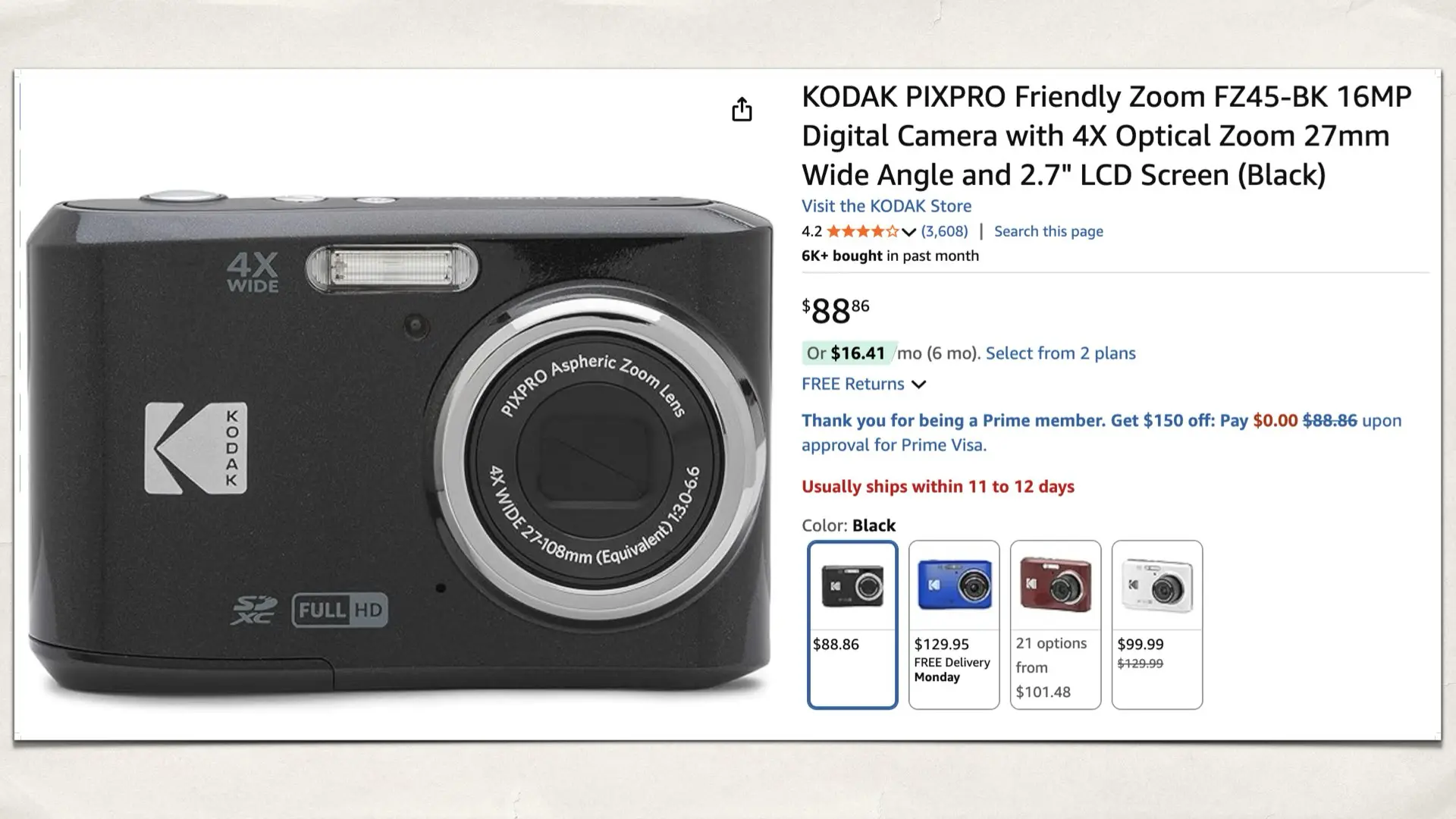 KODAK PIXPRO Friendly Zoom FZ45-BK 16MP Digital Camera with 4X Optical Zoom 27mm Wide Angle and 2.7" LCD Screen (Black)