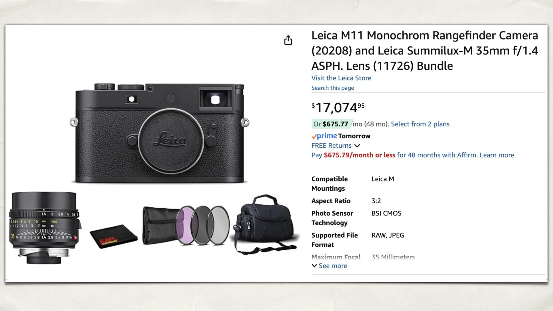 Leica M11 Monochrom Rangefinder Camera and Leica Summilux-M 35mm f/1.4 ASPH on Amazon