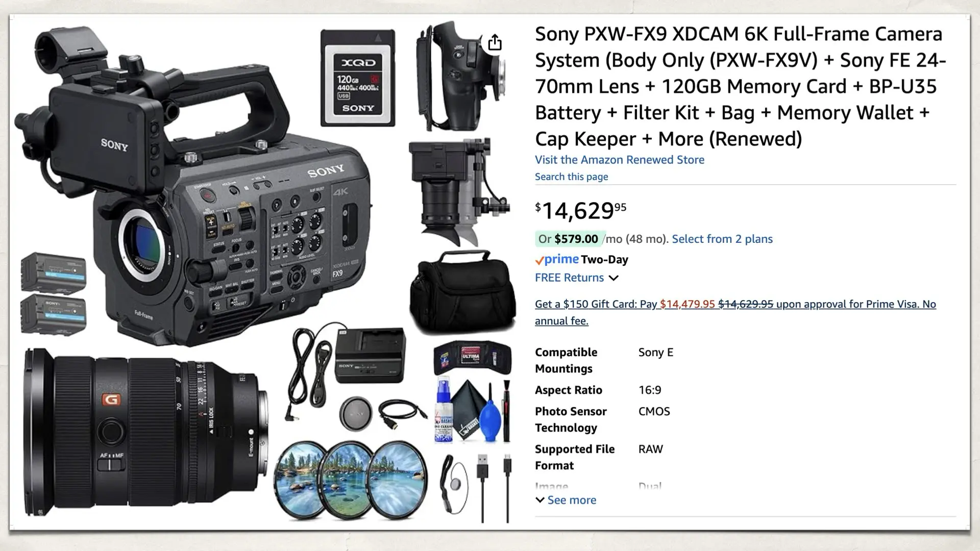 Sony PXW-FX9 XDCAM 6K Full-Frame Camera System kit on Amazon Renewed