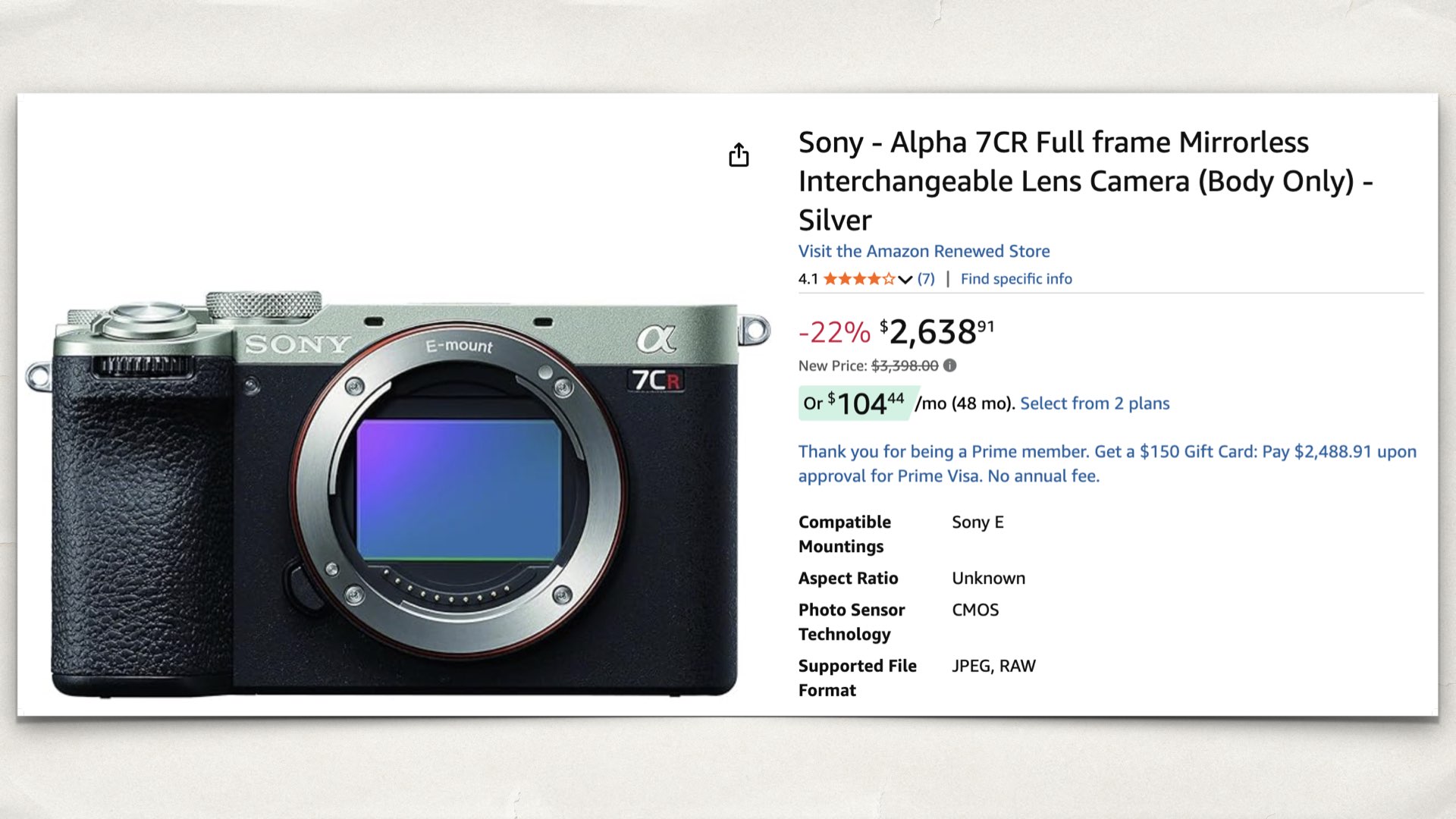 Sony Alpha 7CR on Amazon Renewed