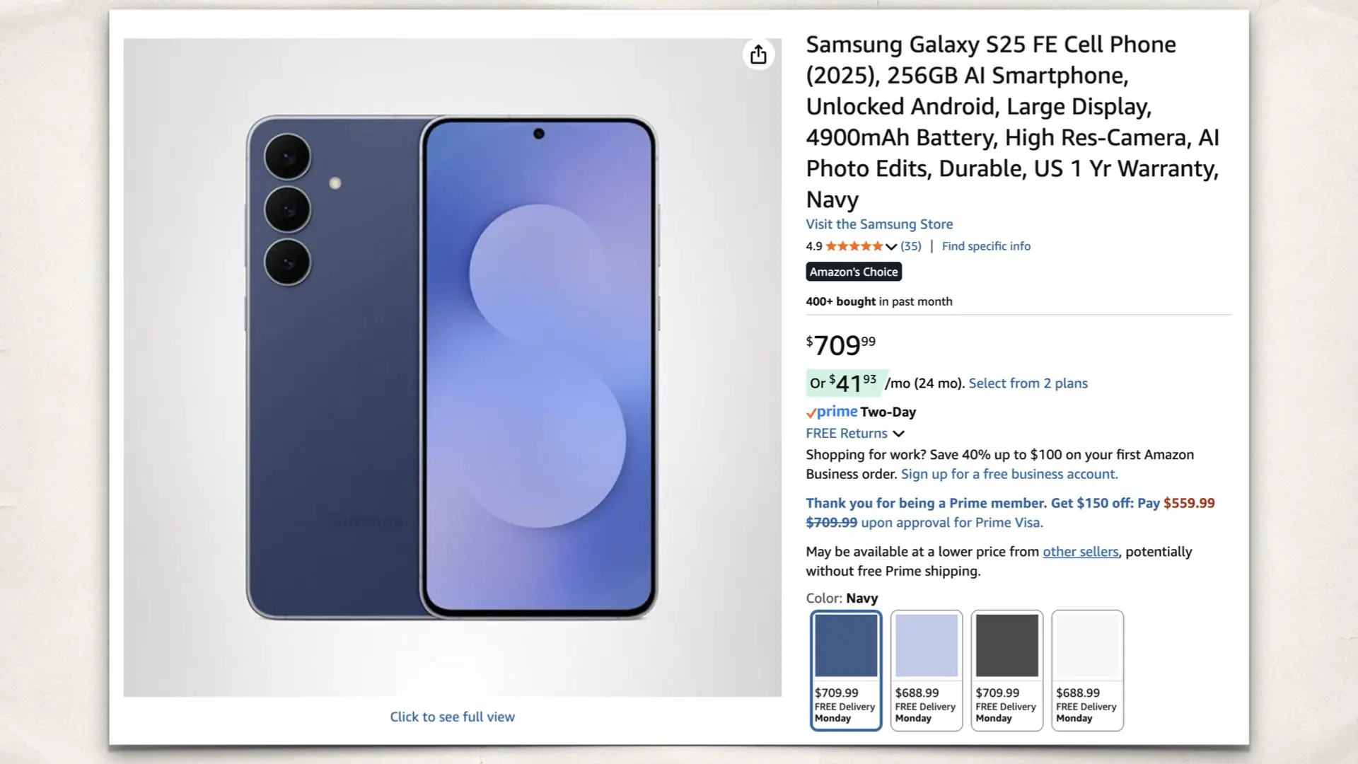 Samsung Galaxy S25 FE: Screenshot from the Amazon product page.
