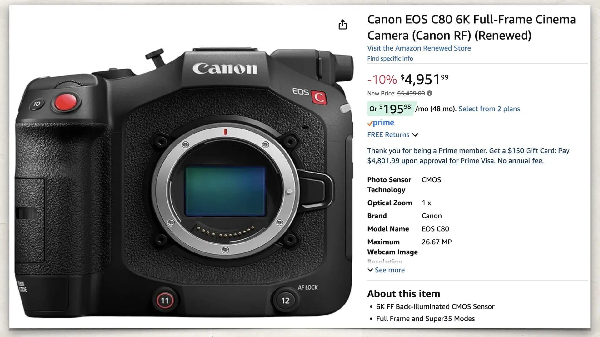 Canon EOS C80 6K Full Frame Cinema Camera on the Amazon Renewed store