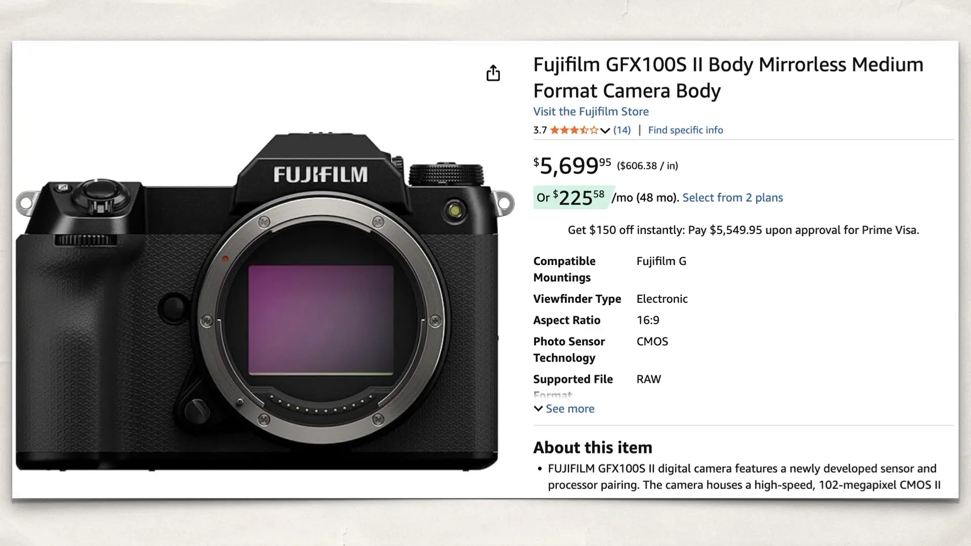 Fujifilm GFX100S II on Amazon