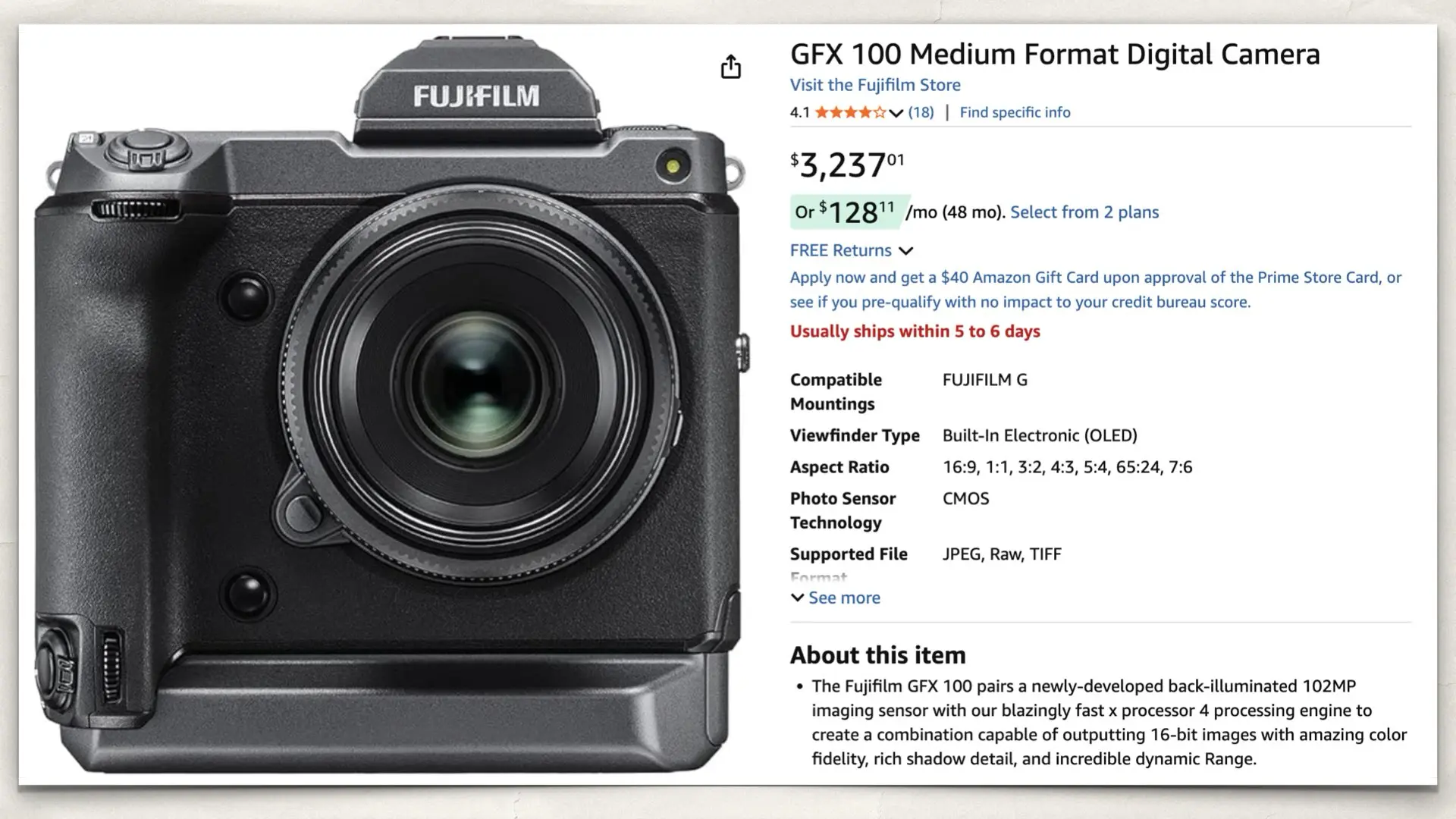 GFX 100 Medium Format Digital Camera on Amazon