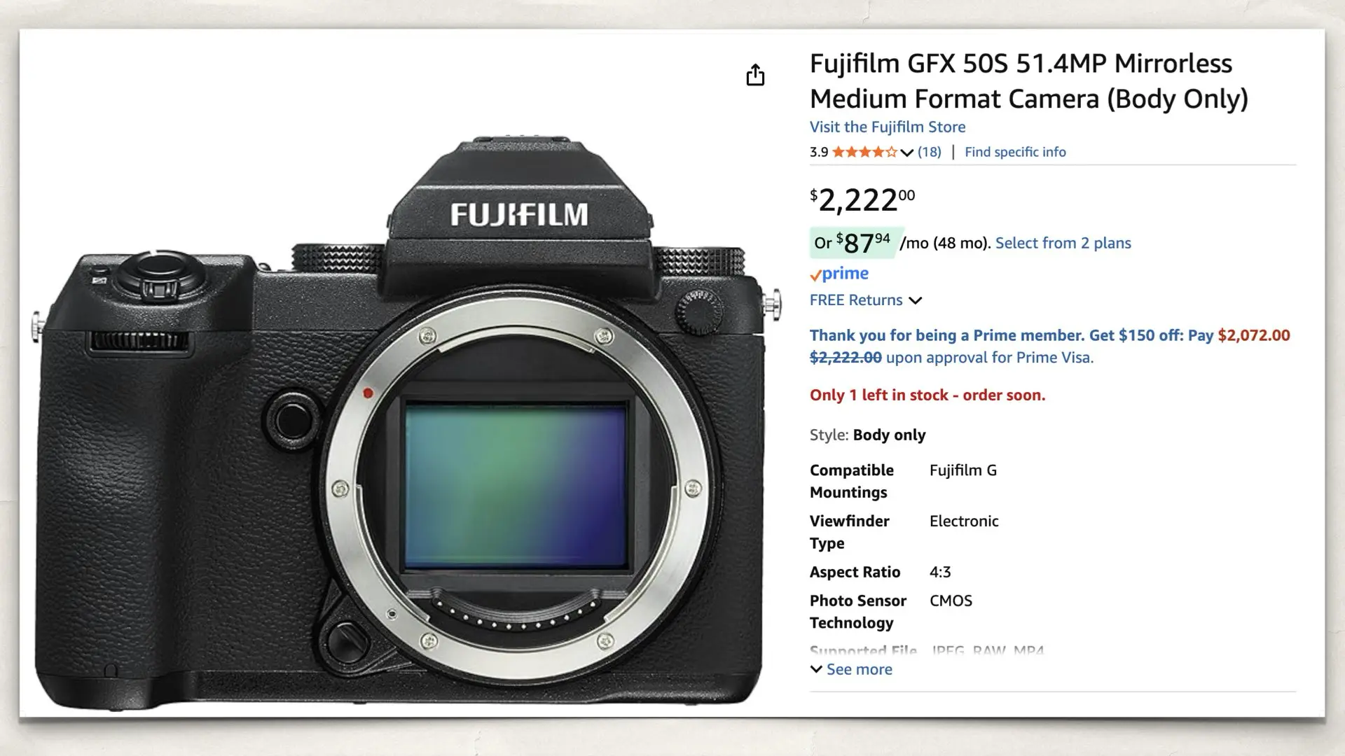 Fujifilm GFX 50S 51.4MP Mirrorless Medium Format Camera on Amazon