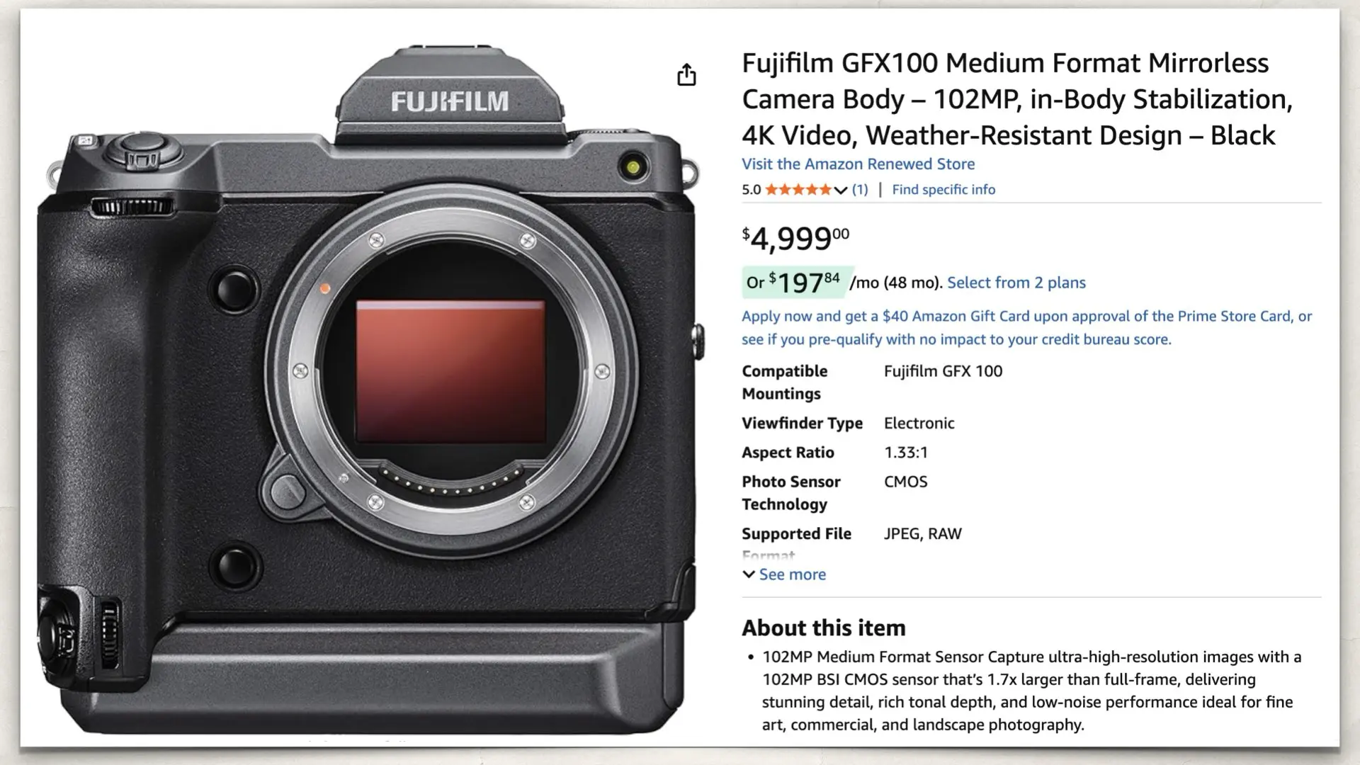 Fujifilm GFX100 Medium Format Mirrorless Camera (Renewed) on Amazon
