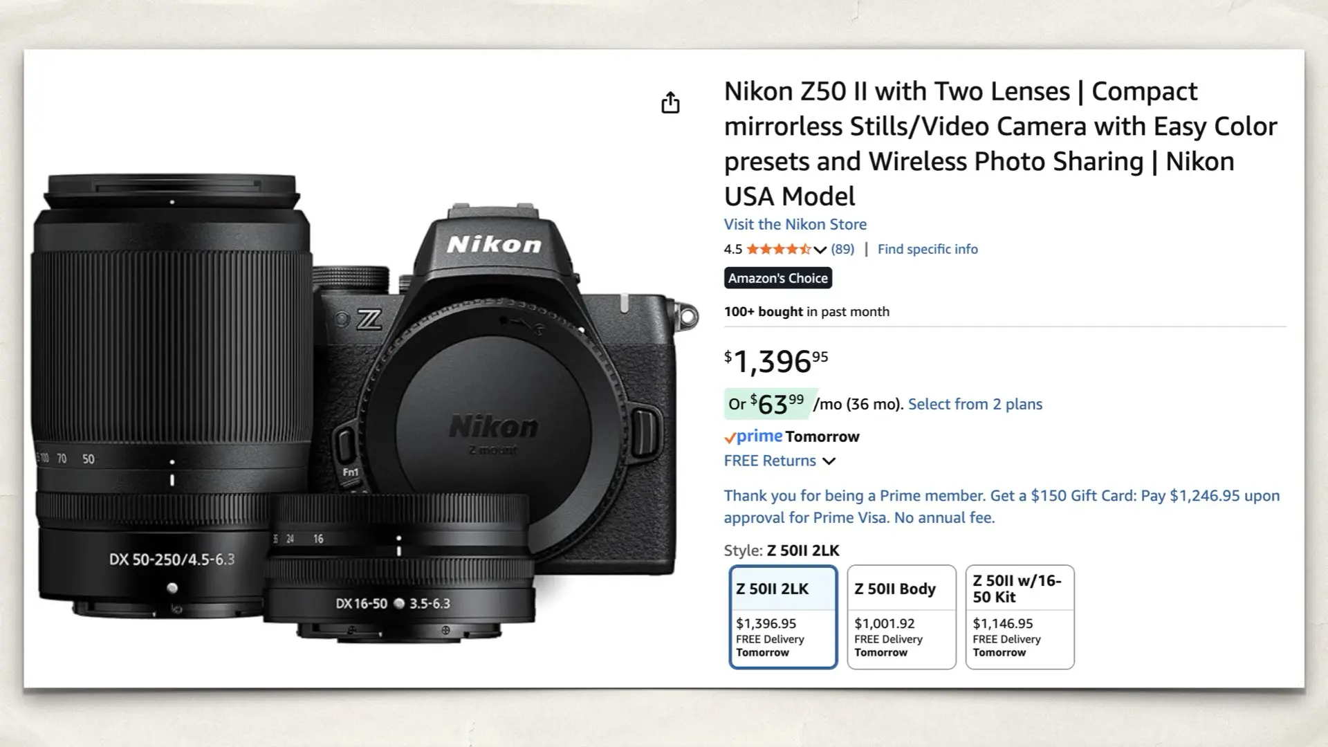 Nikon Z50 II with Two Lenses on Amazon