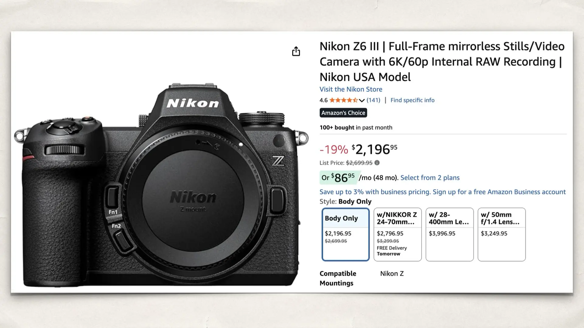 Nikon Z6 III on Amazon