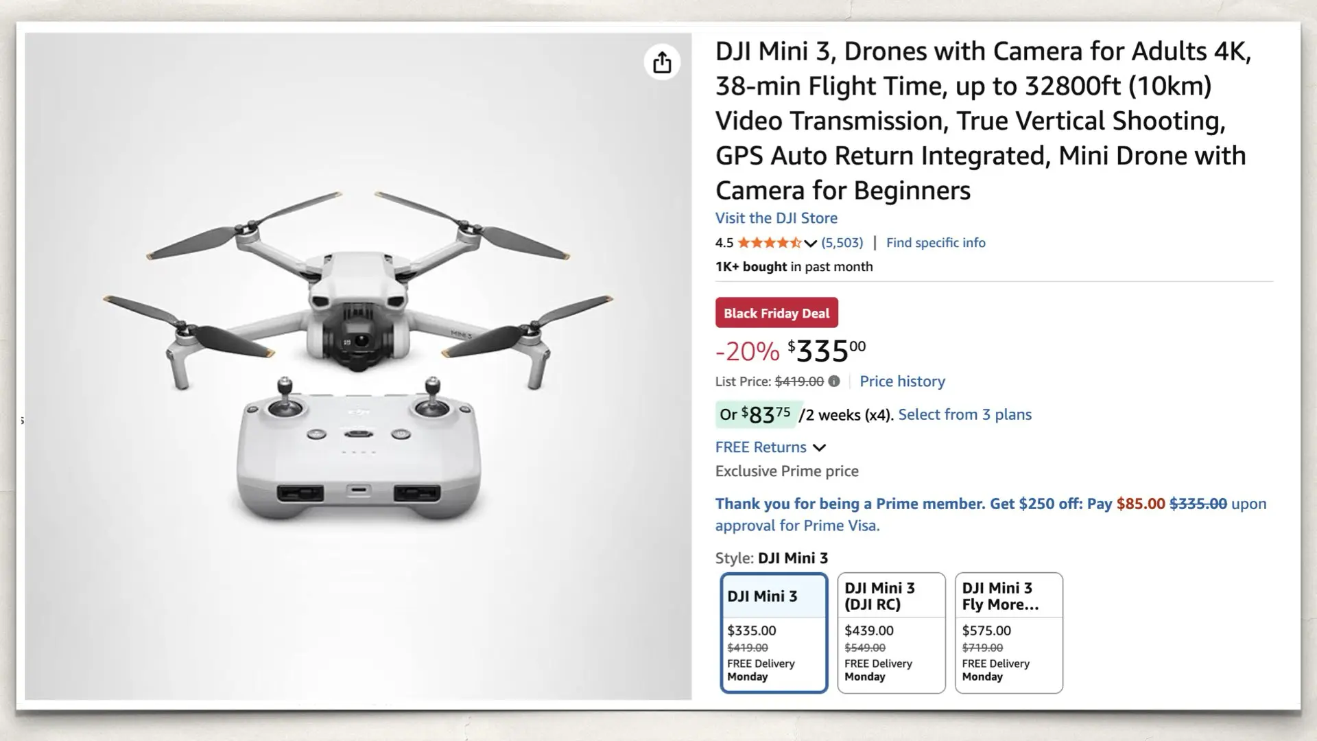 The DJI Mini 3 on Amazon