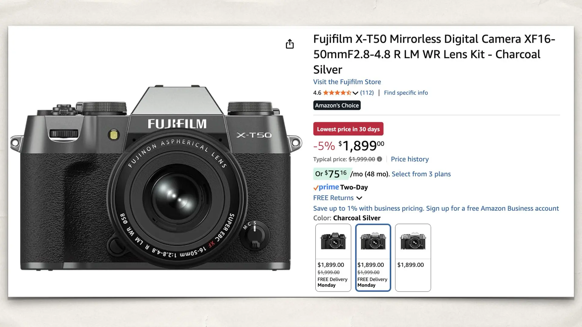 The Fujifilm X-T50 Mirrorless Digital Camera XF16-50mmF2.8-4.8 R LM WR Lens Kit on Amazon