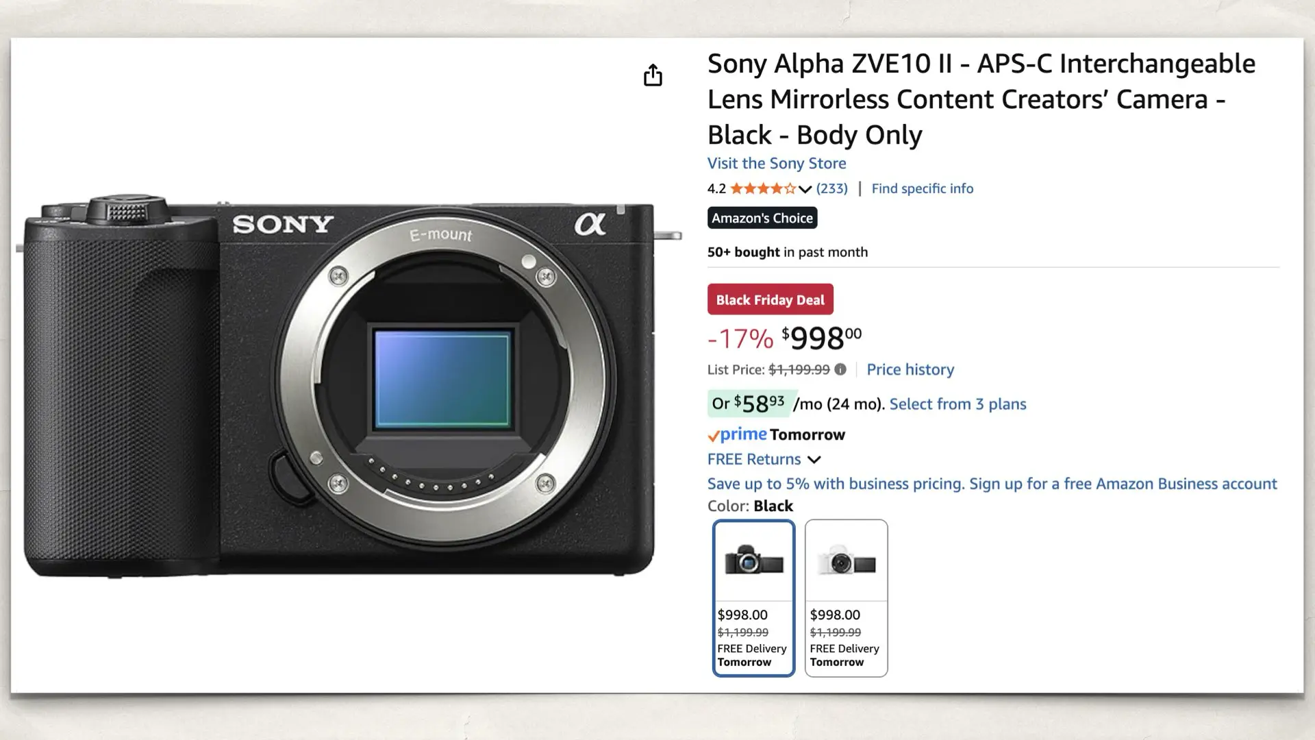 Sony Alpha ZVE10 II - APS-C on Amazon