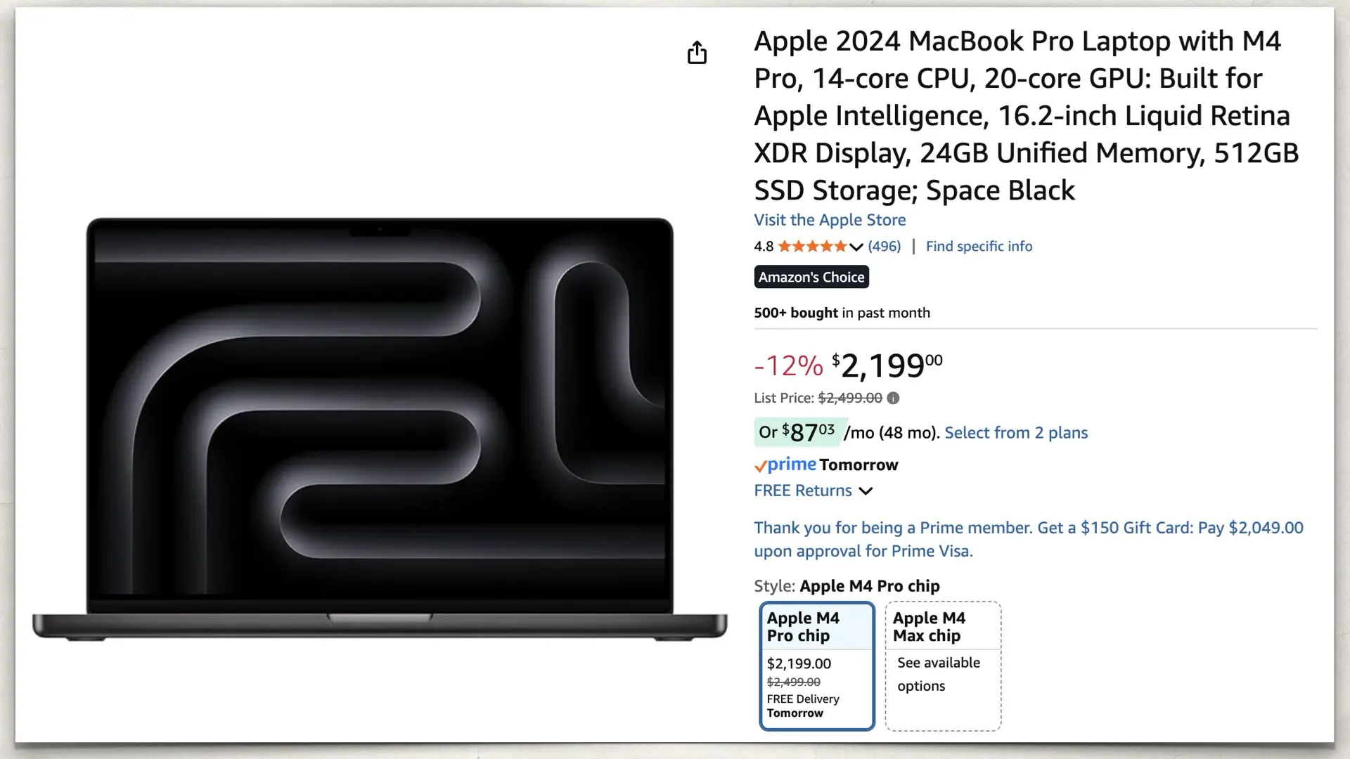 Apple 2024 MacBook Pro M4 Pro (14-core CPU, 20-core GPU) on Amazon