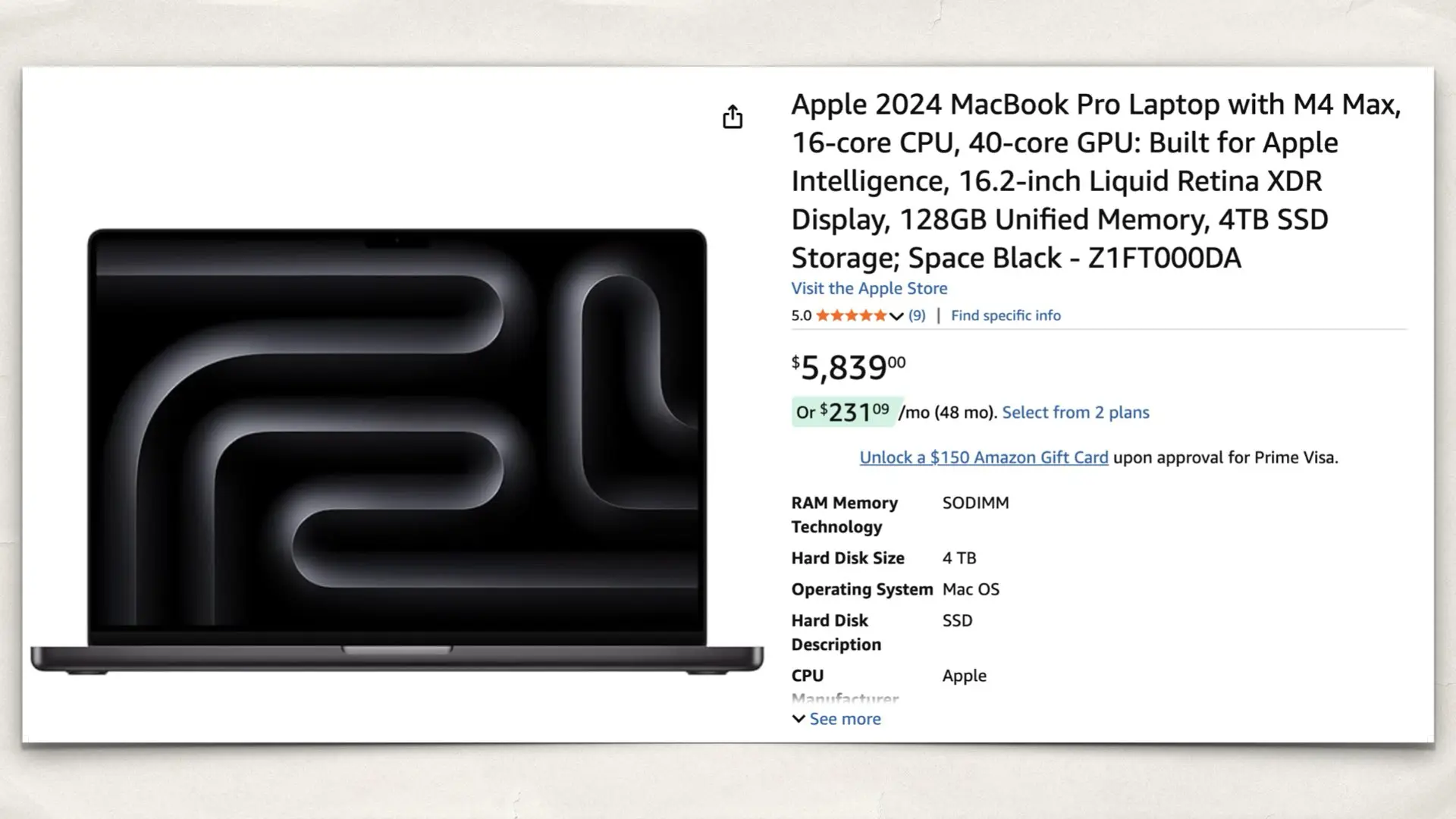 Apple 2024 MacBook Pro M4 Max (16-core CPU, 40-core GPU, 128GB RAM) on Amazon