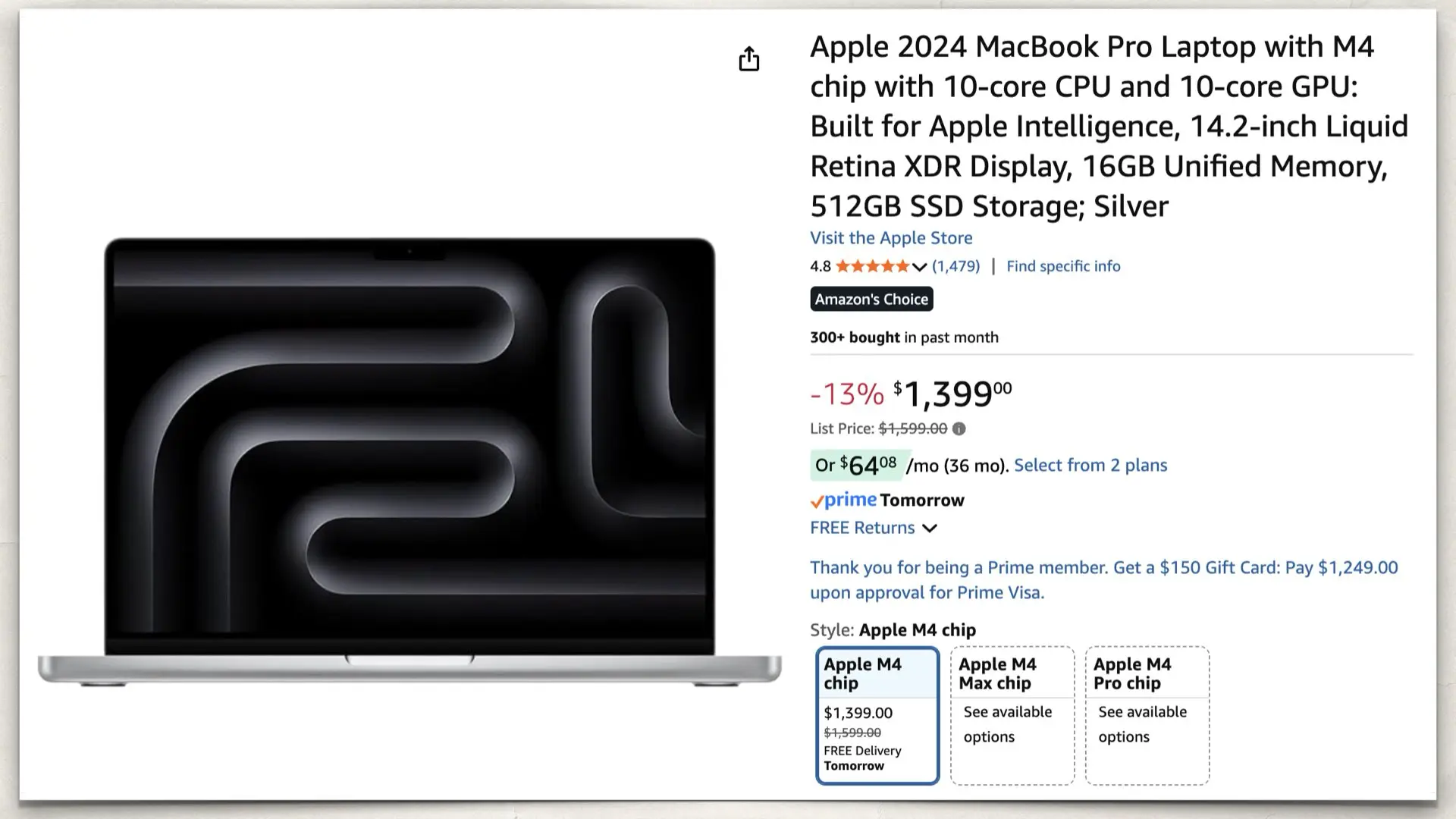 Apple 2024 MacBook Pro M4 (10-core CPU, 10-core GPU) on Amazon